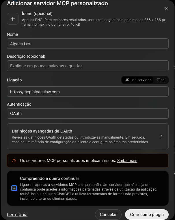 Formulário Adicionar servidor MCP personalizado do ChatGPT, preenchido com o nome Alpaca Law, o URL https://mcp.alpacalaw.com e autenticação OAuth.