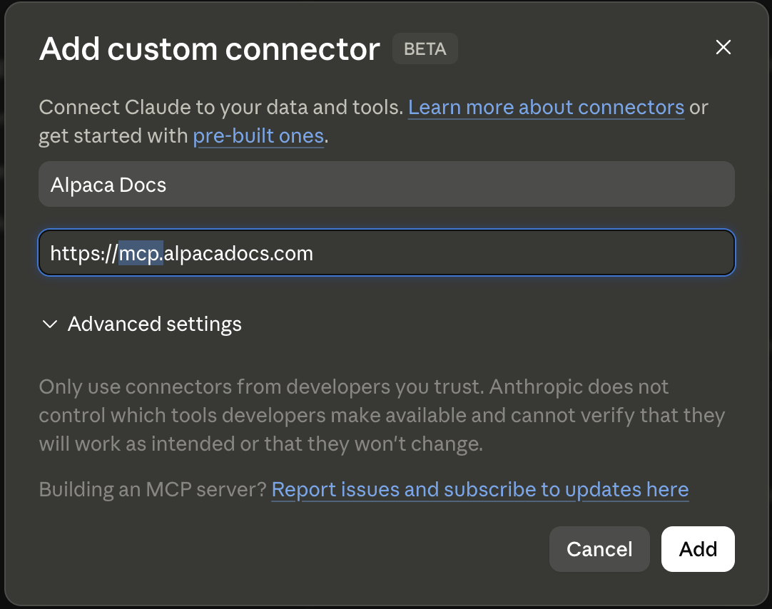 Boîte de dialogue Ajouter un connecteur personnalisé de Claude avec les champs Nom et URL remplis.